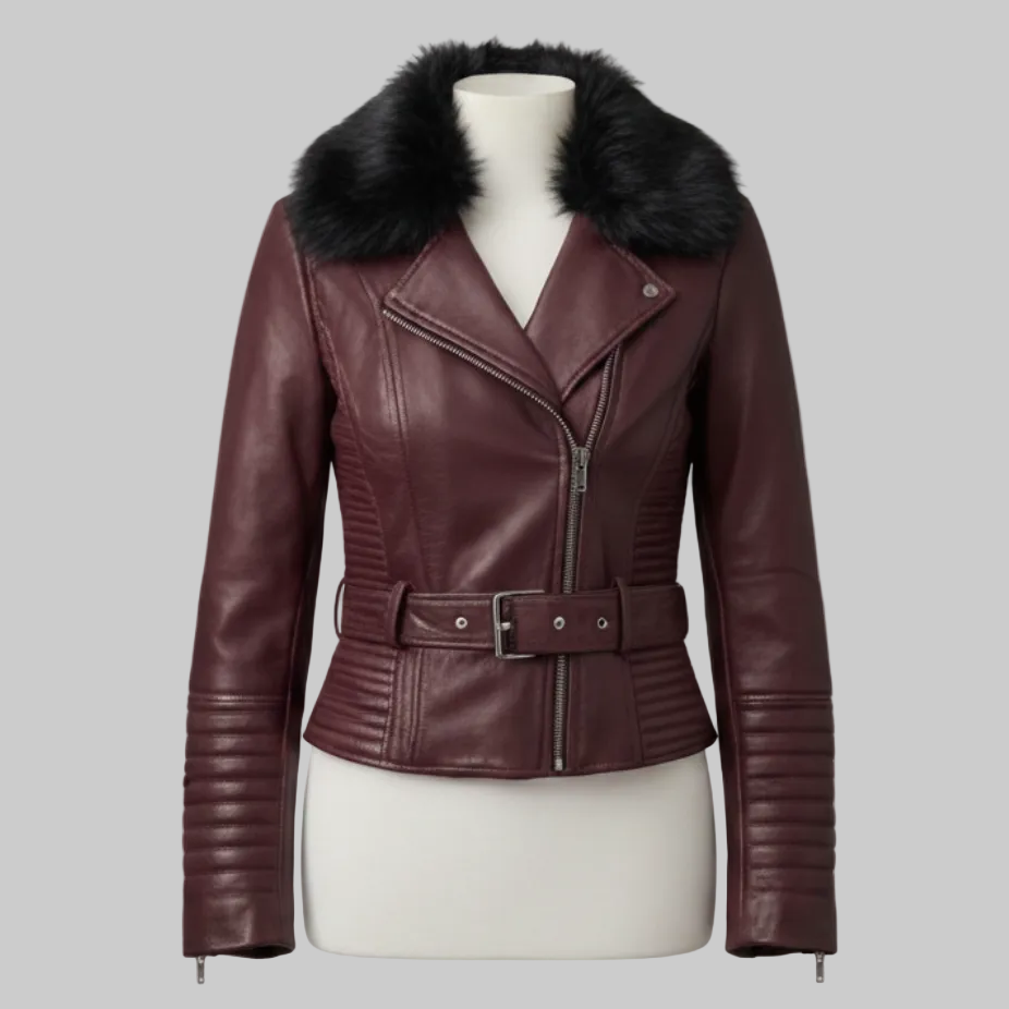 Women's Burgundy Leather Biker Jacket with Faux Fur Collar