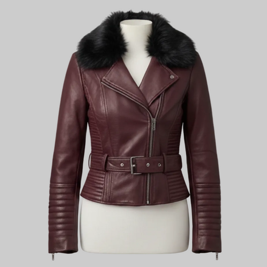 Women's Burgundy Leather Biker Jacket with Faux Fur Collar