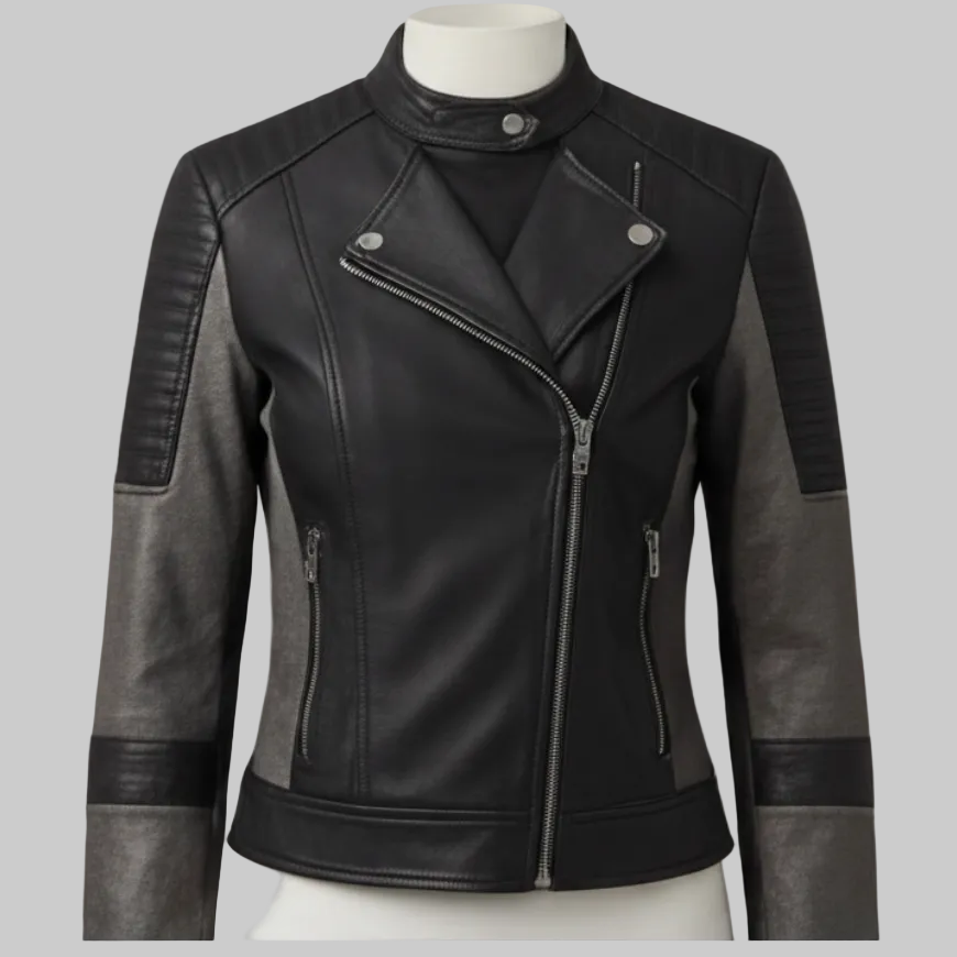 Women’s Two-Tone Asymmetric Leather Biker Jacket (Black & Charcoal Grey)