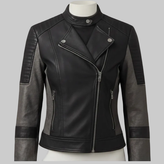 Women’s Two-Tone Asymmetric Leather Biker Jacket (Black & Charcoal Grey)