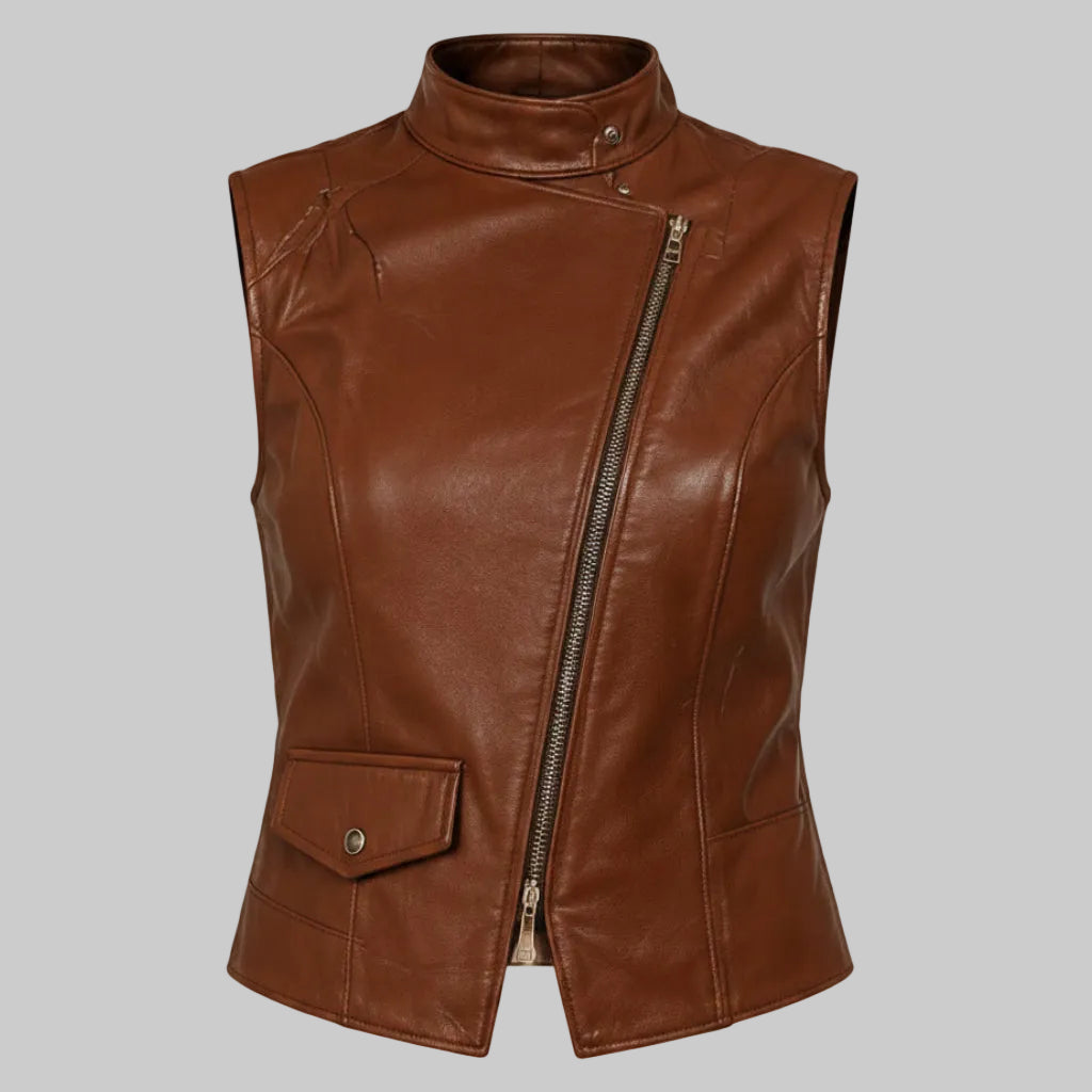 Women's High-Neck Asymmetric Biker Leather Vest (Cognac / Caramel Brown)