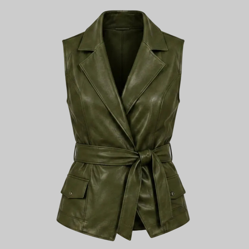 Women's Lapel Belted Wrap Leather Vest (Olive / Sage Green)