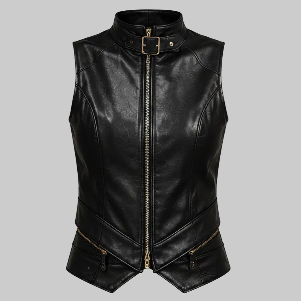 Women's High-Neck Buckled Biker Leather Vest (Black)