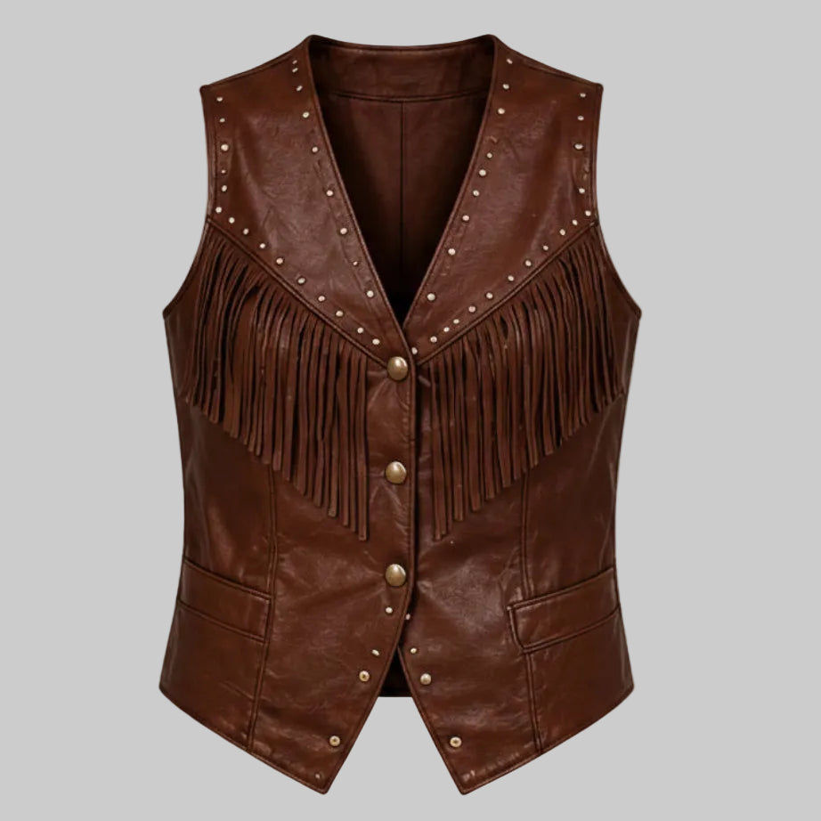 Women's Western Studded Fringe Leather Vest (Cognac / Dark Tan)