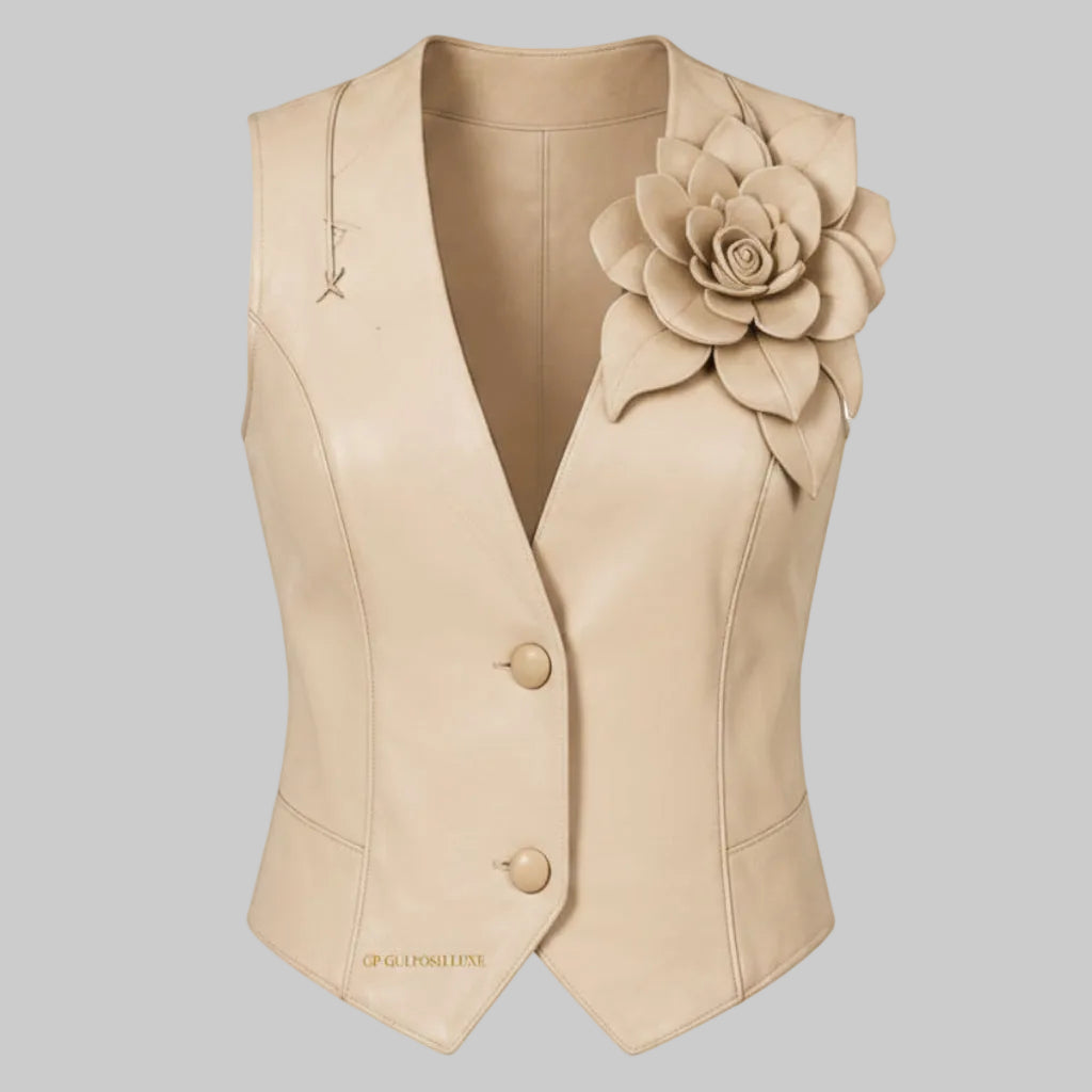 Women's Floral Appliqué Leather Vest (Beige / Cream)