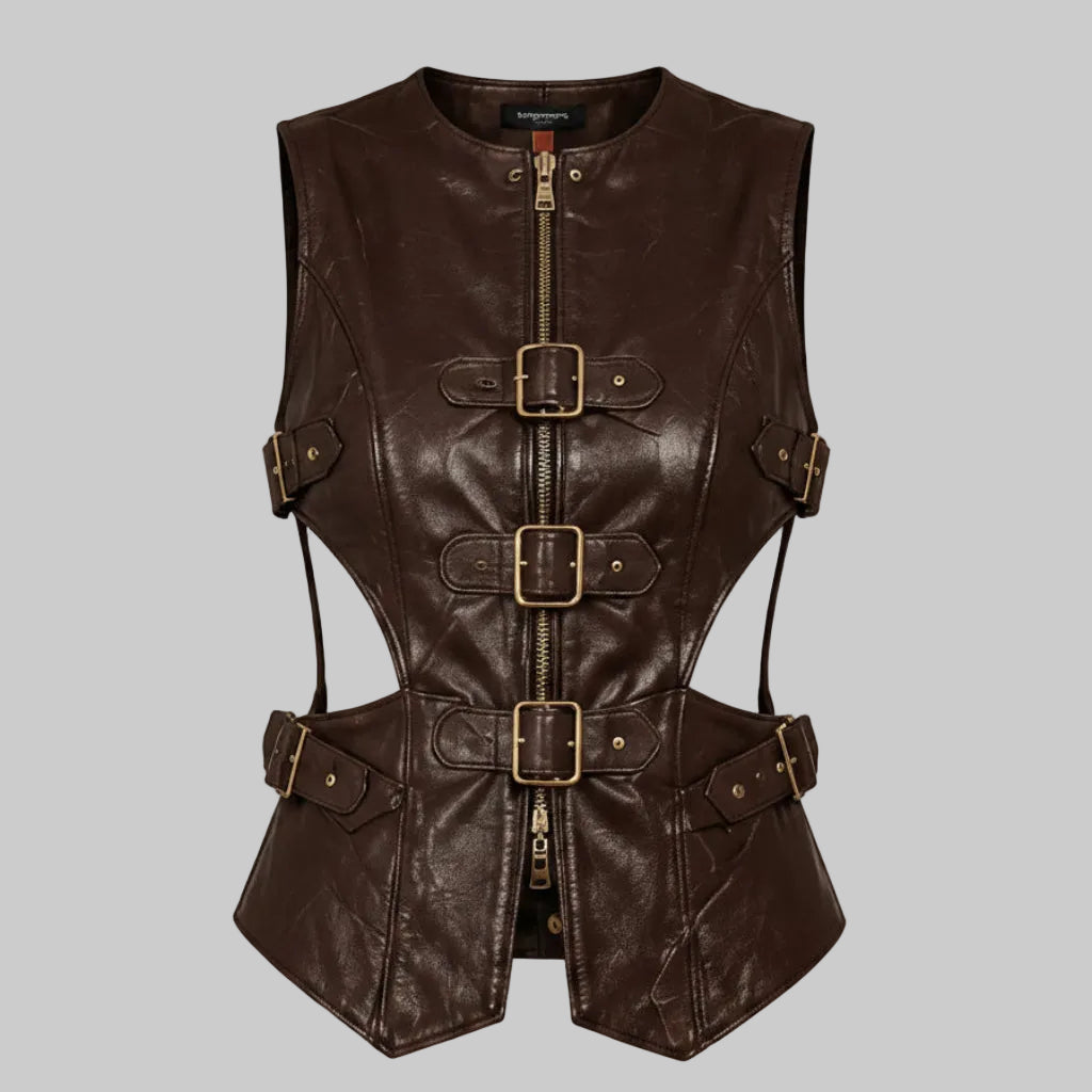Women's Cut-Out Buckled Leather Corset Vest (Dark Brown / Espresso)