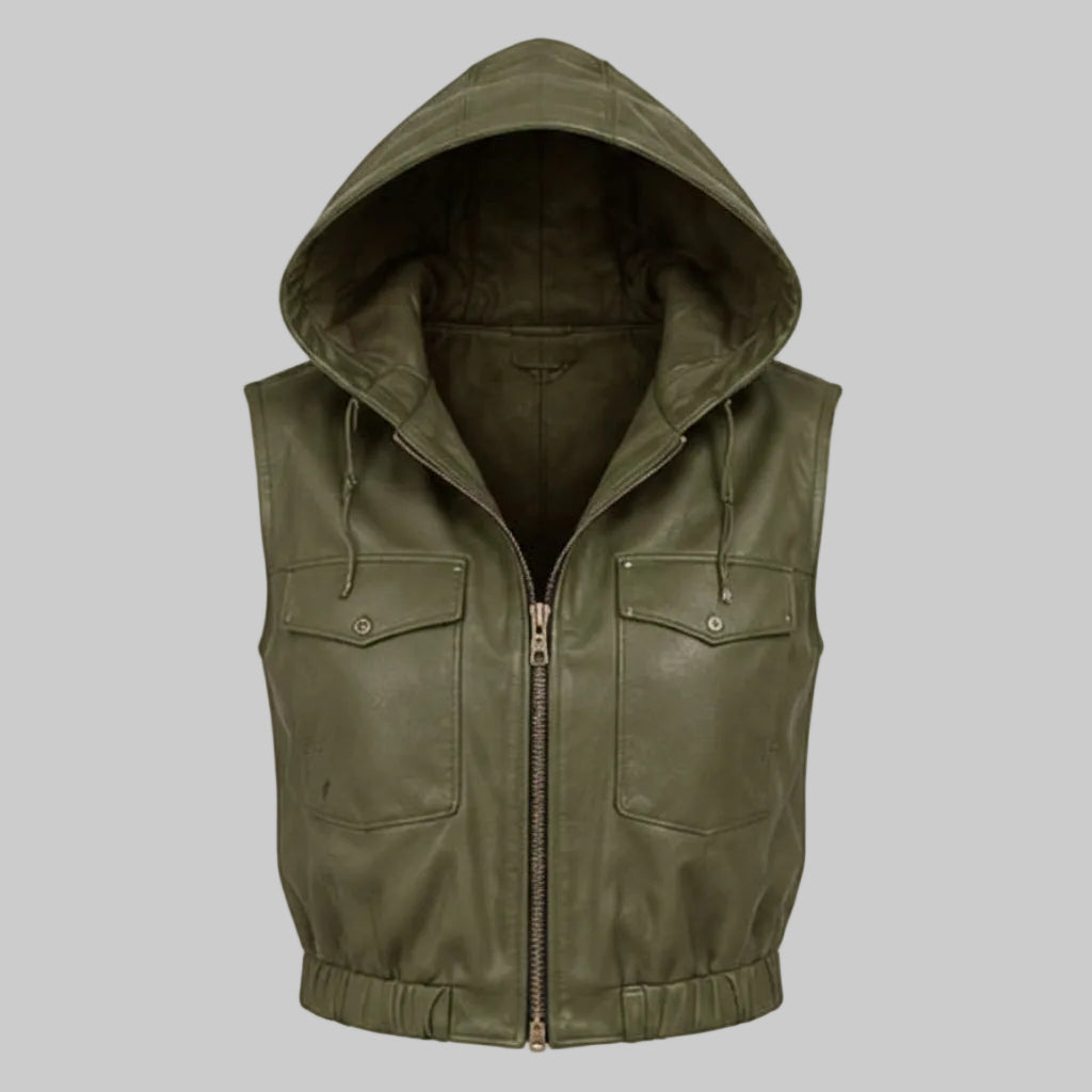 Women's Hooded Cropped Leather Vest (Olive Green)