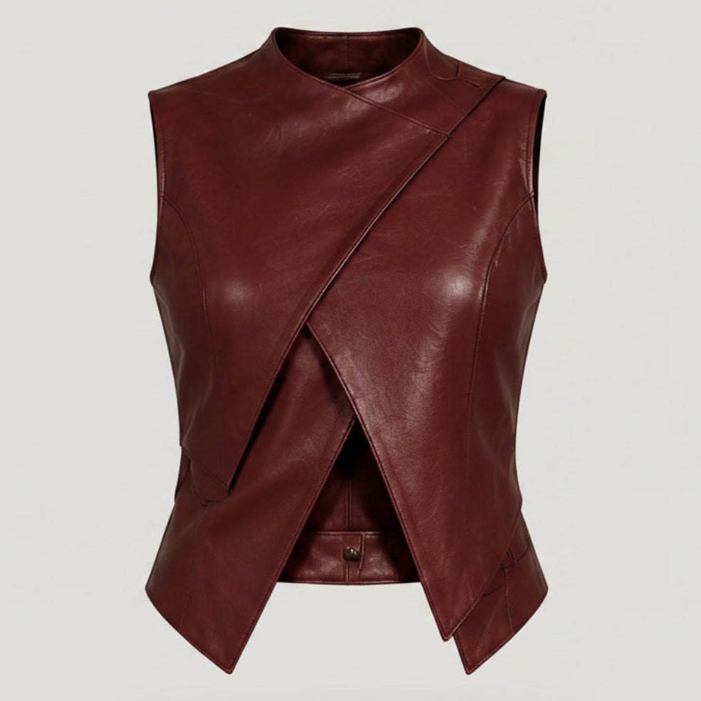 Women's High Neck Buckle Wrap Leather Vest (Burgundy / Wine Red)