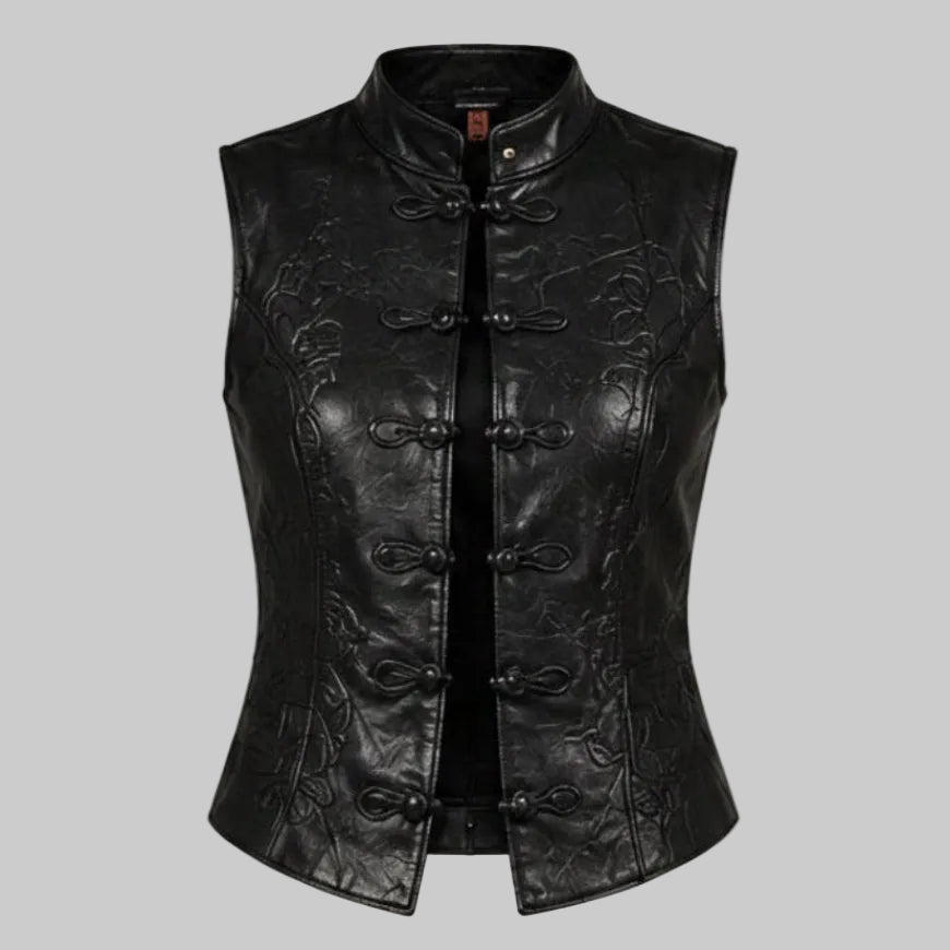 Women's Embossed Leather Mandarin Collar Frog-Closure Vest (Black)