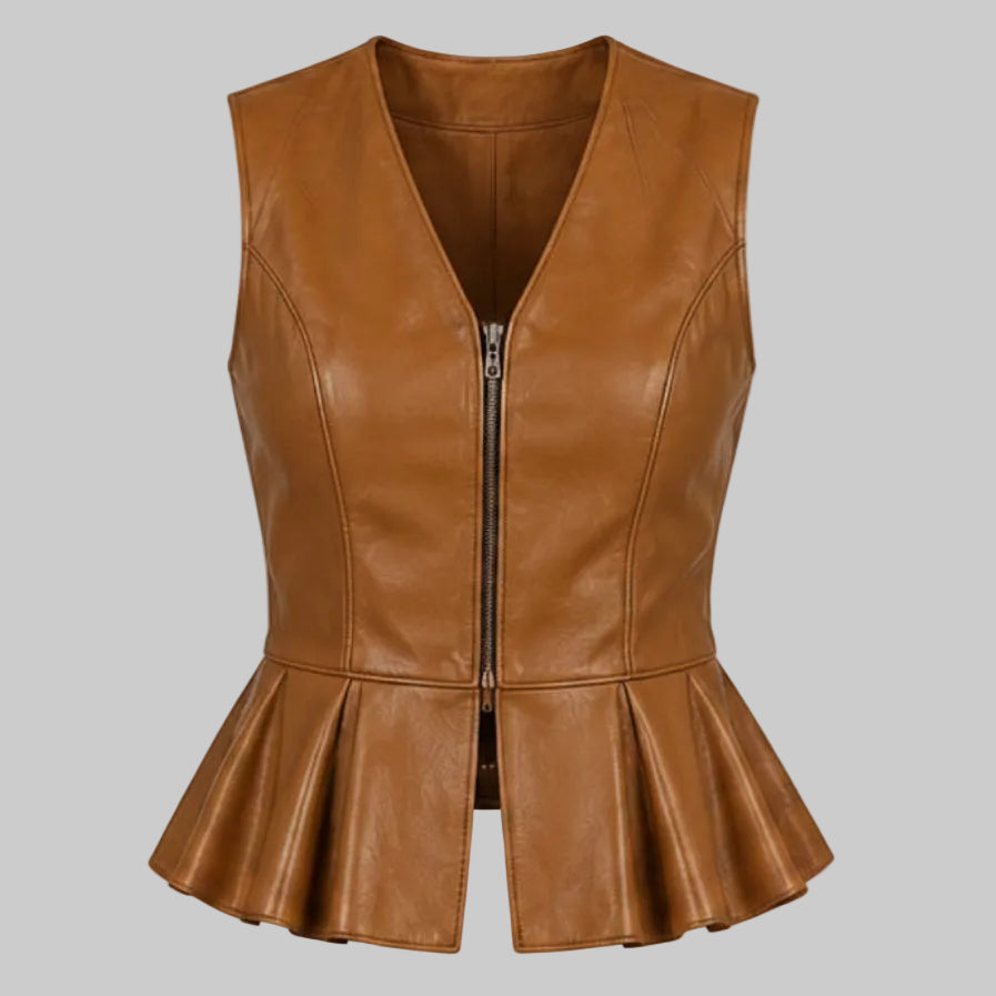 Women's Leather Peplum Hem Vest (Cognac / Tan)