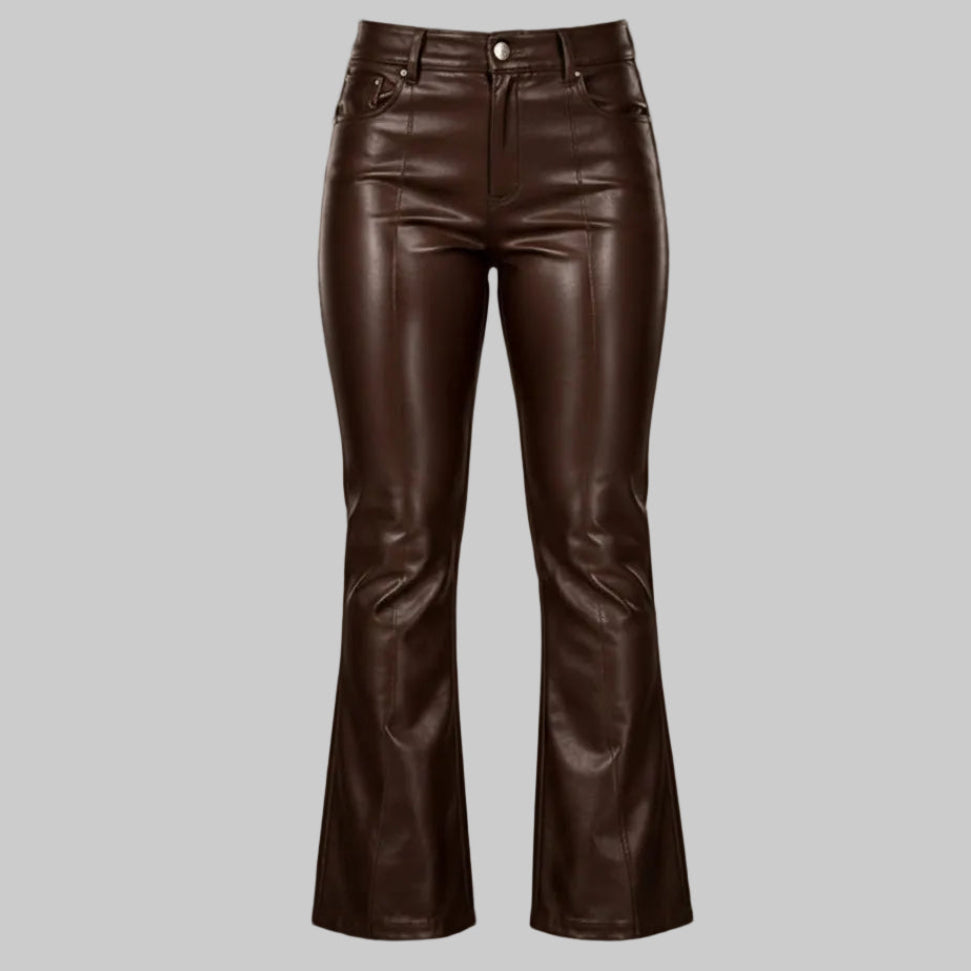 GP Women's High-Waisted Flare Brown Leather Pants
