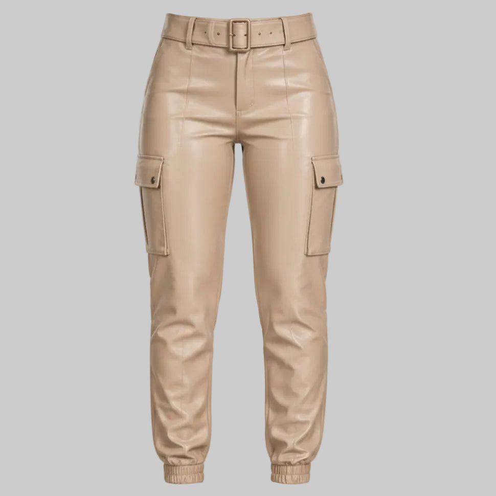 GP Women's Belted High-Waisted Beige Leather Cargo Jogger Pants
