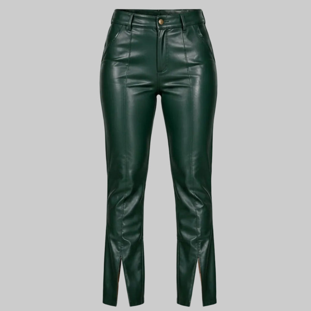 GP Women's High-Waisted Front-Split Dark Green Leather Pants