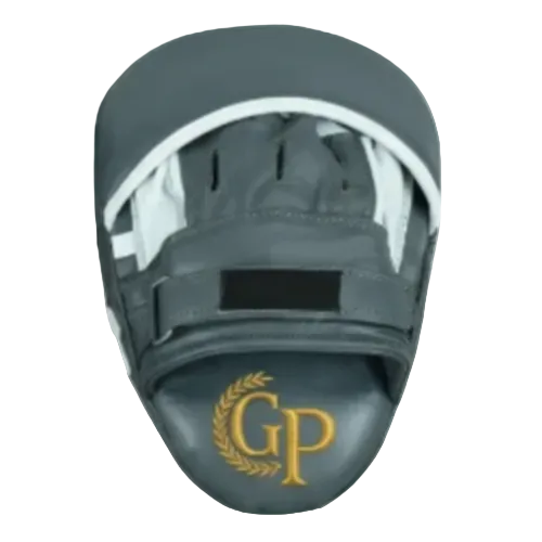 Gray and white boxing mitt with gold logo on a white background