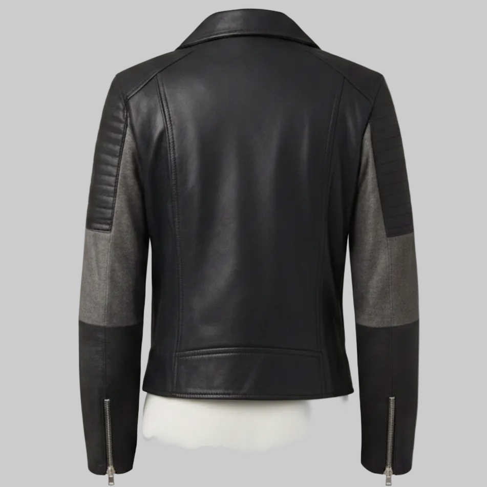 Women’s Two-Tone Asymmetric Leather Biker Jacket (Black & Charcoal Grey)