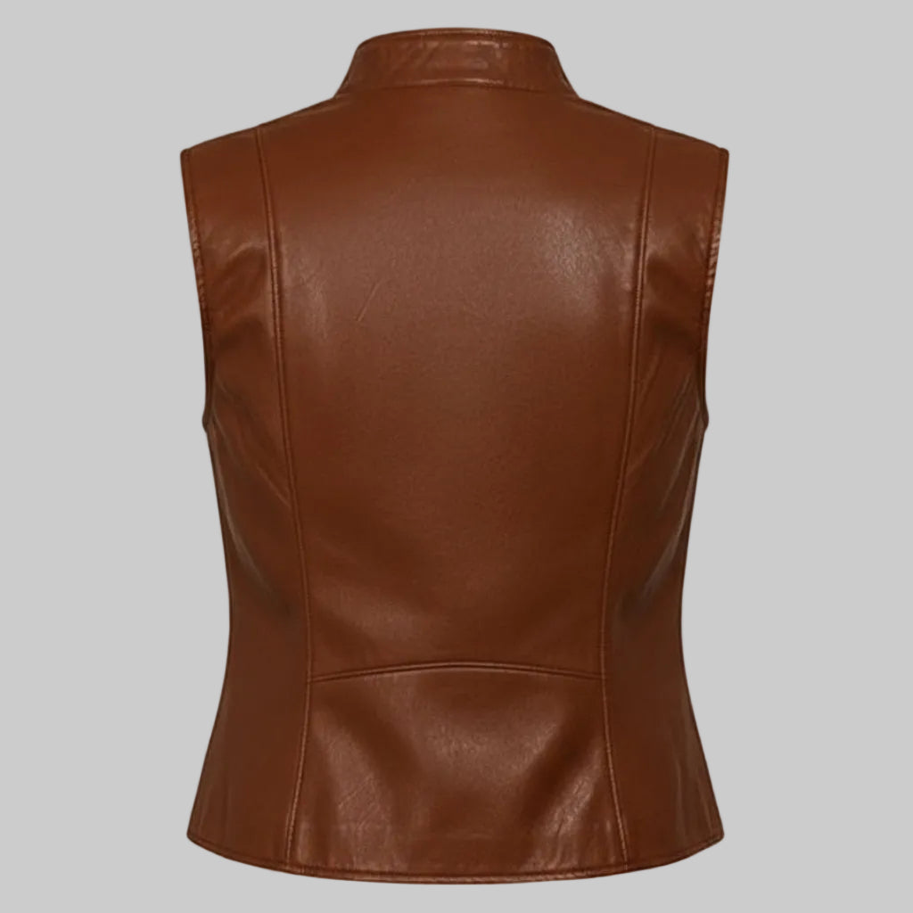 Women's High-Neck Asymmetric Biker Leather Vest (Cognac / Caramel Brown)