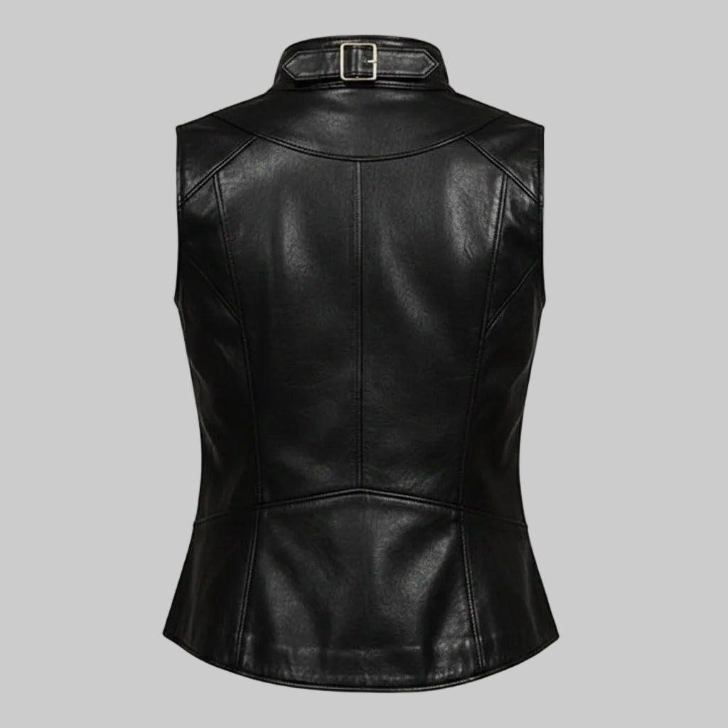 Women's High-Neck Buckled Biker Leather Vest (Black)