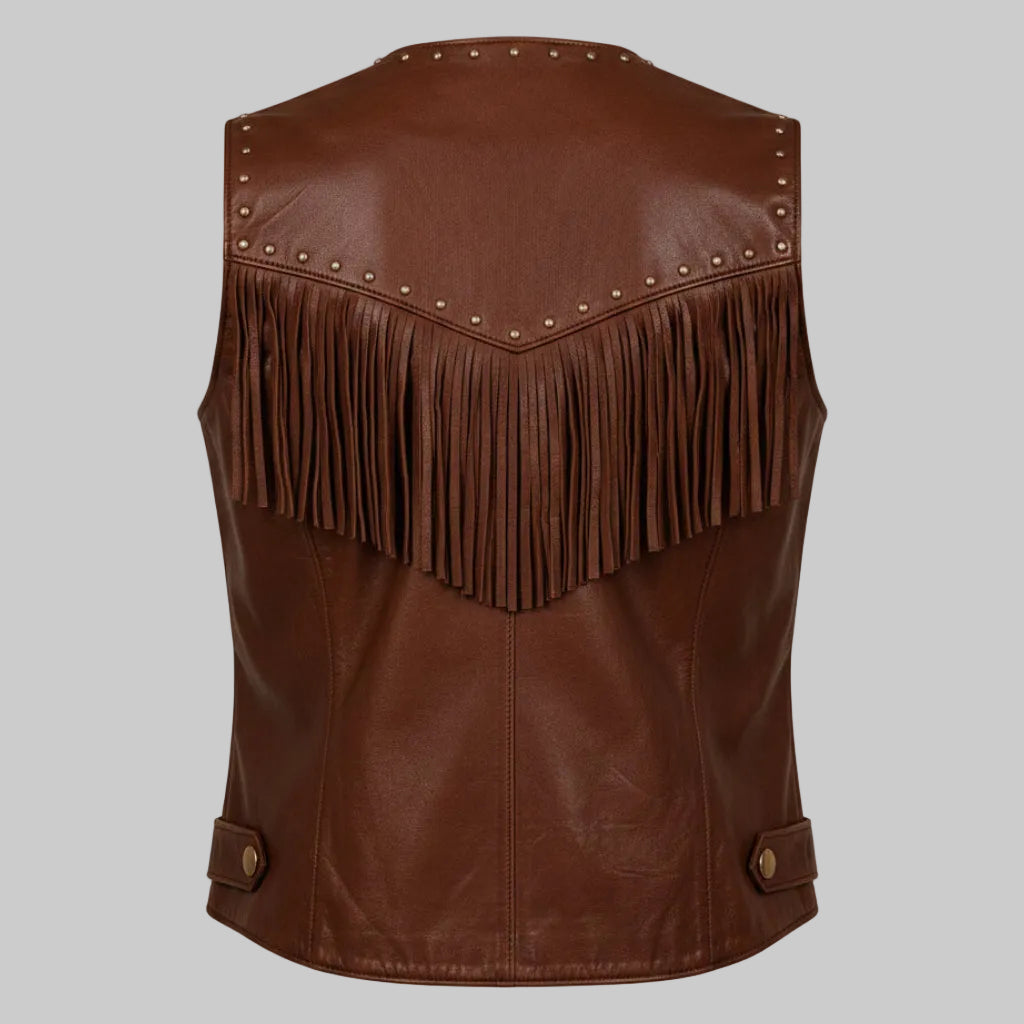 Women's Western Studded Fringe Leather Vest (Cognac / Dark Tan)