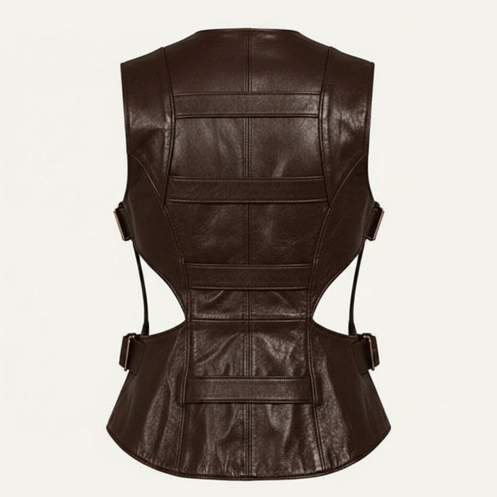 Women's Cut-Out Buckled Leather Corset Vest (Dark Brown / Espresso)