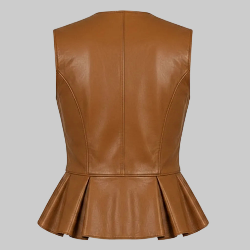 Women's Leather Peplum Hem Vest (Cognac / Tan)