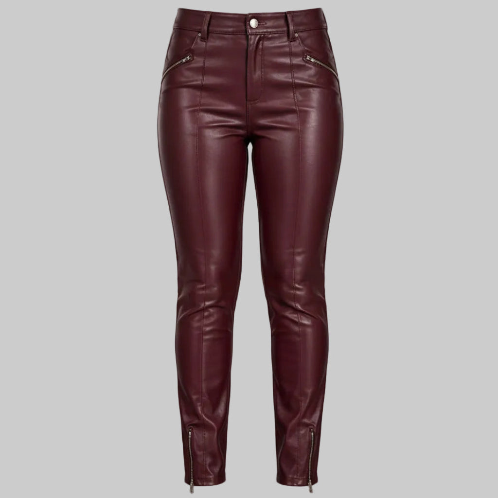 GP Women's High-Waisted Zippered Maroon Leather Pants