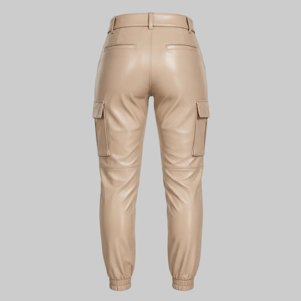 GP Women's Belted High-Waisted Beige Leather Cargo Jogger Pants