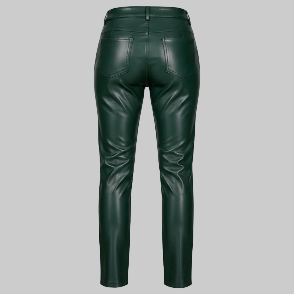 GP Women's High-Waisted Front-Split Dark Green Leather Pants