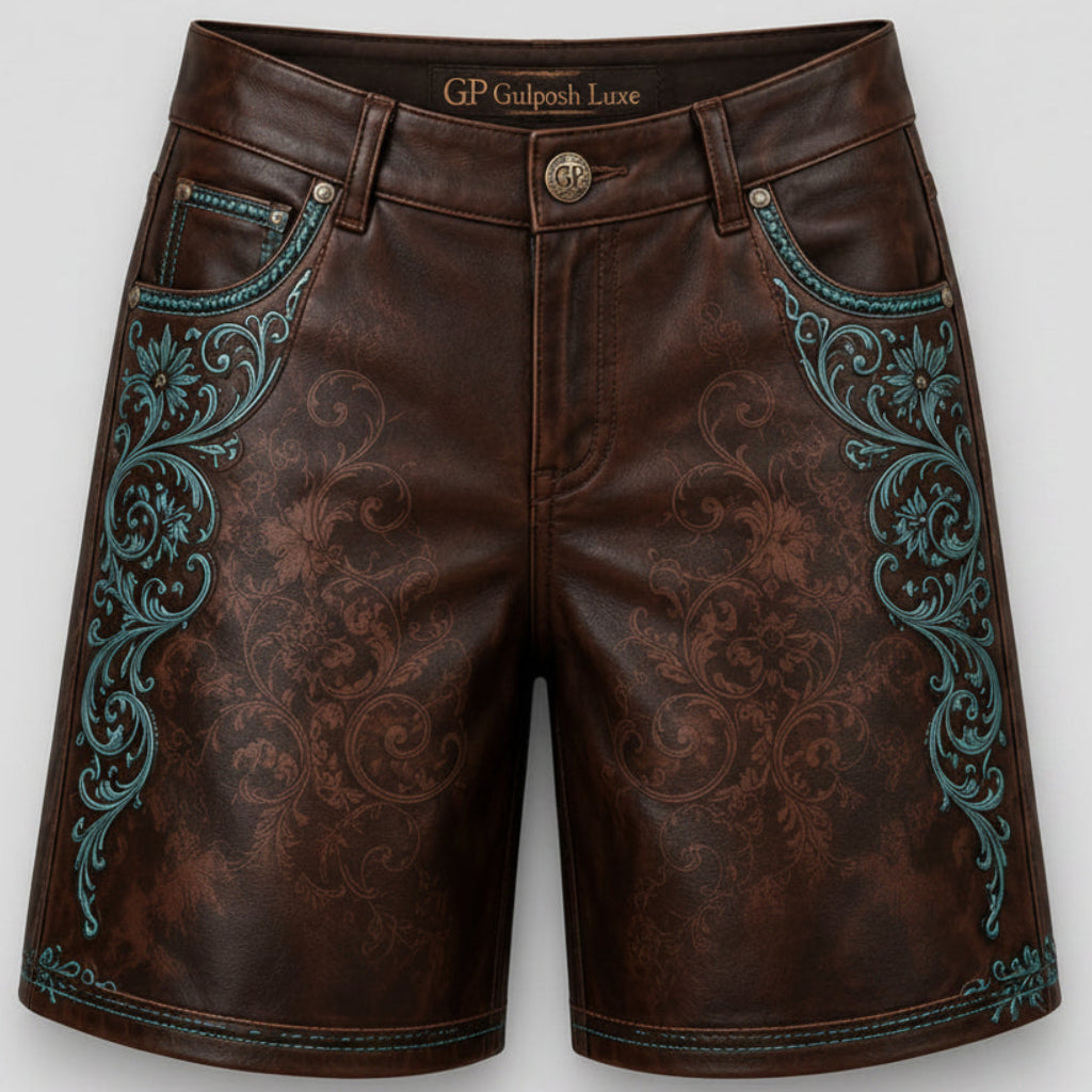 Custom Vintage Brown Embossed Leather Shorts