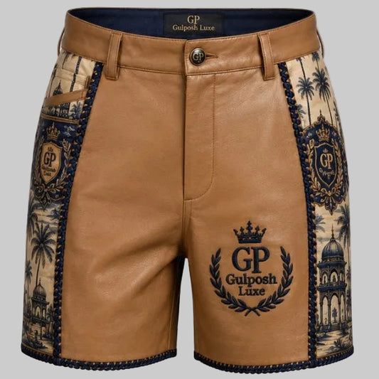Gulposh Luxe Toile de Jouy Tan Leather Shorts
