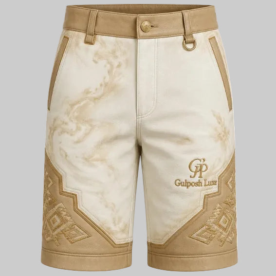 Gulposh Luxe Embroidered Leather Shorts (Cream/Tan)