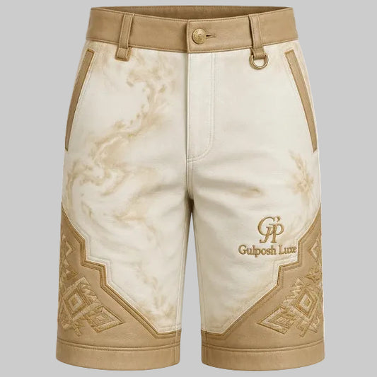 Gulposh Luxe Embroidered Leather Shorts (Cream/Tan)