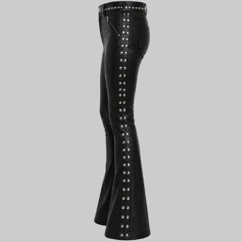 Women's Dual-Row Studded Faux Leather Flare Pants