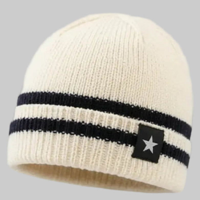Retro Athletic Stripe Star Patch Beanie