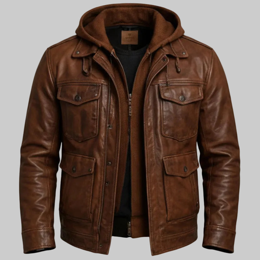 Utility Multi-Pocket Leather Hooded Jacket