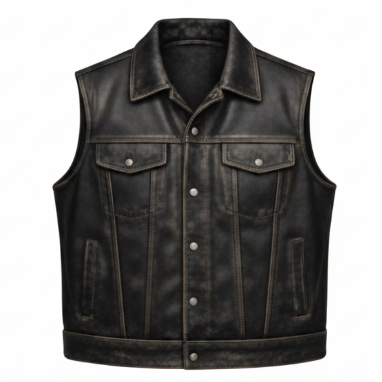 Men's Distressed Leather Club Vest (Denim-Style Seaming)