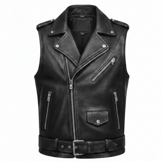 Men's Classic belted Leather Motorcycle Vest (Brando Style)