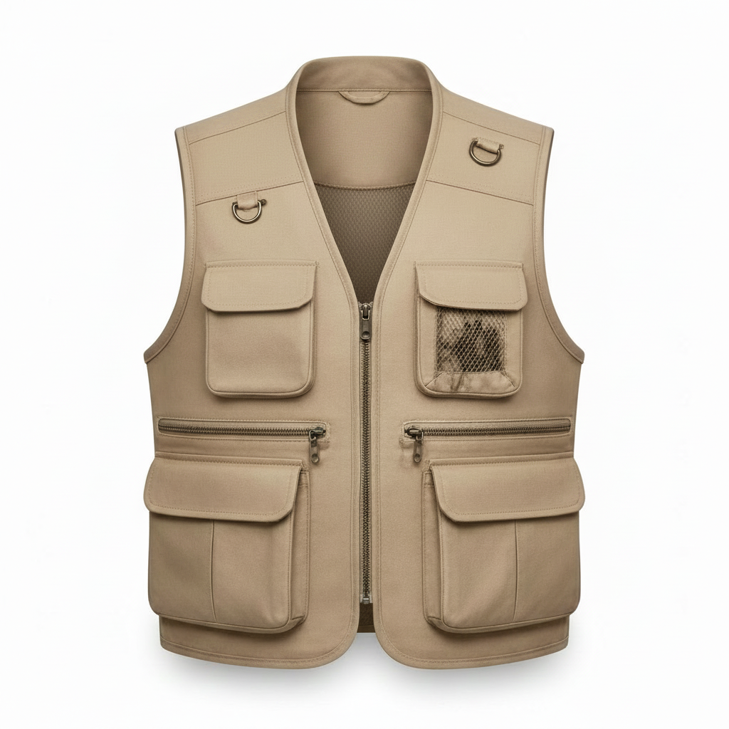 Men's Multi-Pocket Tactical Utility Safari Vest (Beige/Tan Leather)