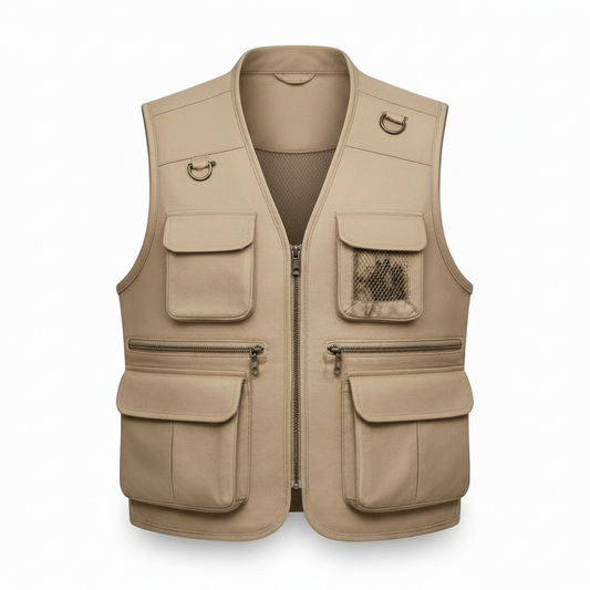 Men's Multi-Pocket Tactical Utility Safari Vest (Beige/Tan Leather)