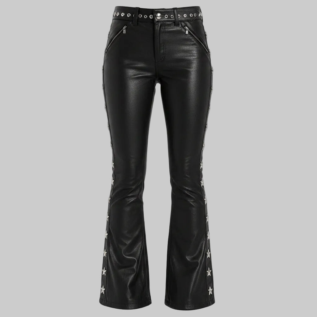 Women's Star-Studded Faux Leather Flare Pants