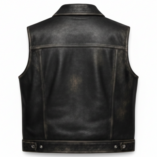 Men's Distressed Leather Club Vest (Denim-Style Seaming)