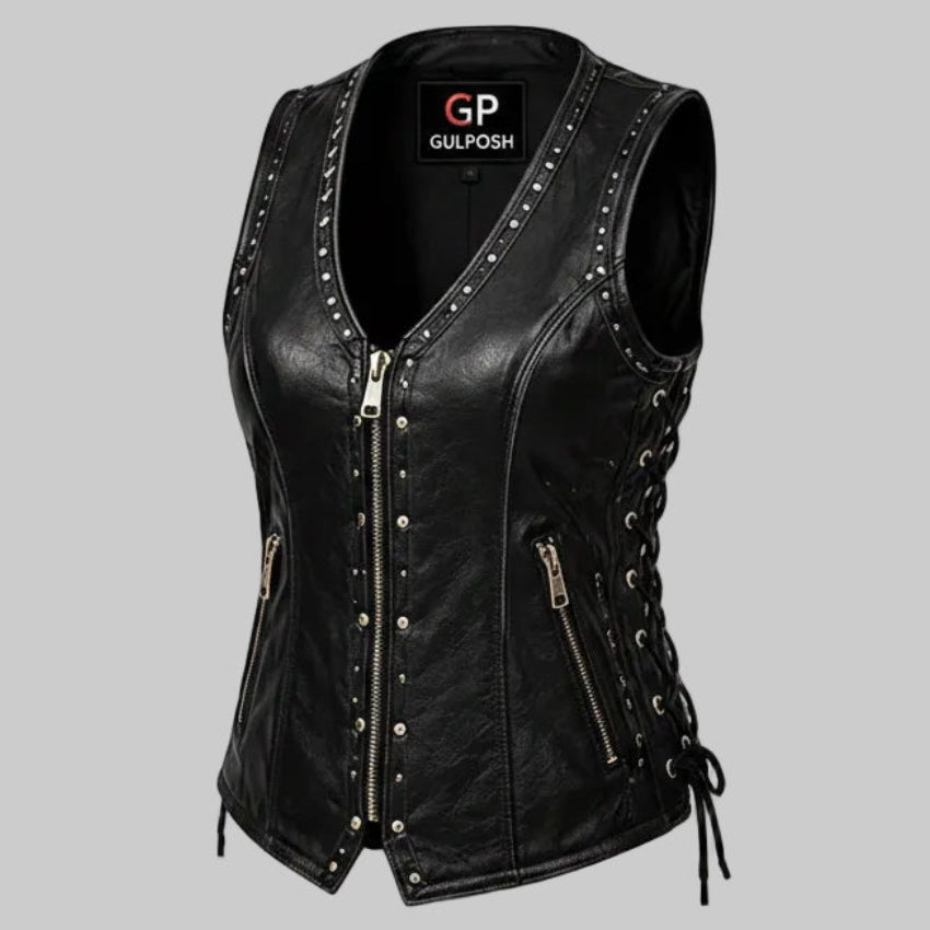 Gulposh Women's Studded Side-Lace Leather Biker Vest