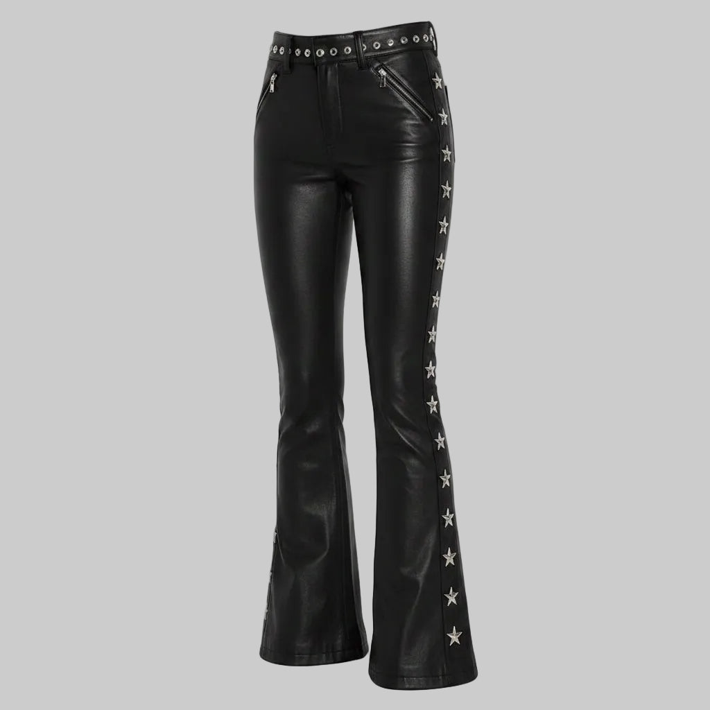 Women's Star-Studded Faux Leather Flare Pants