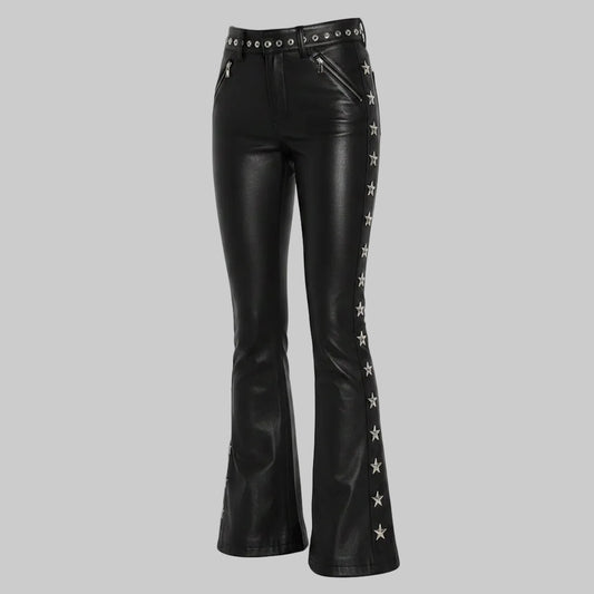 Women's Star-Studded Faux Leather Flare Pants