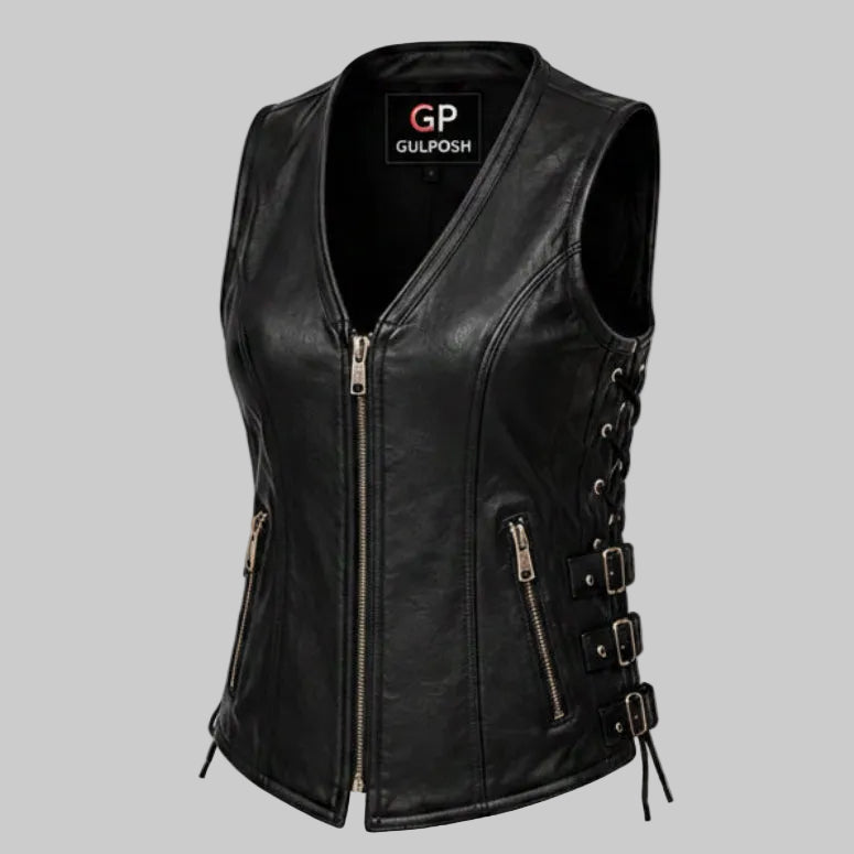 Gulposh Women's Side-Buckle & Lace Leather Biker Vest