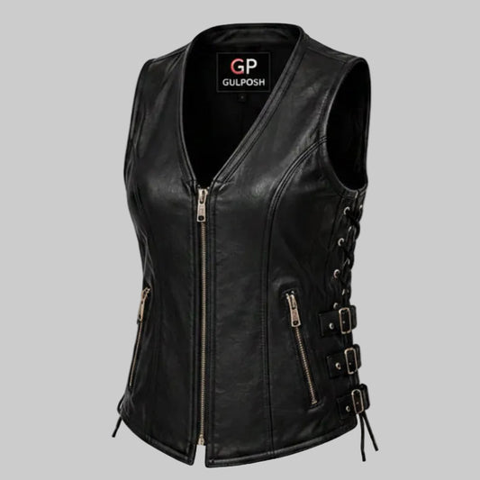 Gulposh Women's Side-Buckle & Lace Leather Biker Vest