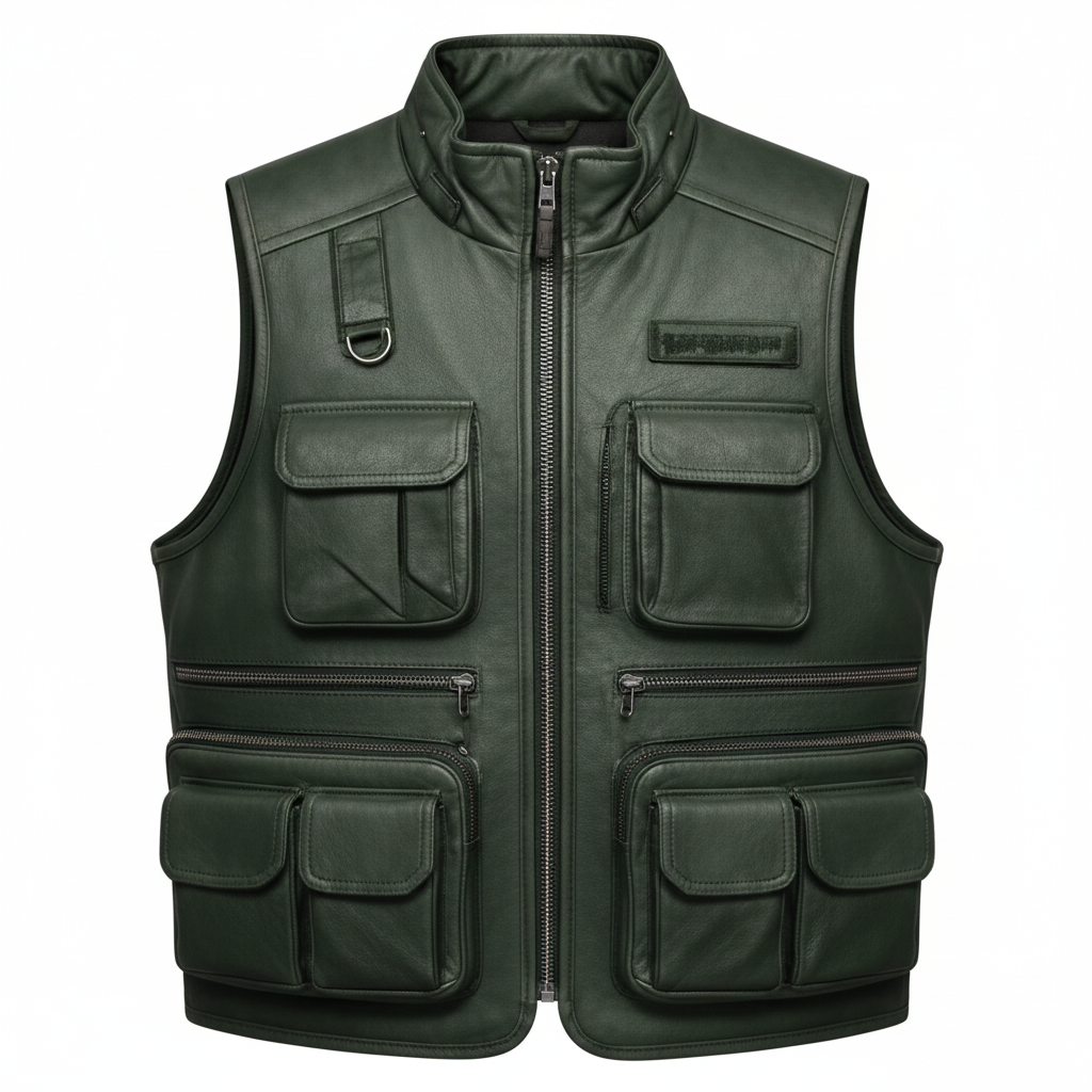 Men's Multi-Pocket Tactical Utility Vest (Hunter Green Leather)