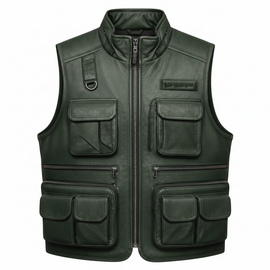 Men's Multi-Pocket Tactical Utility Vest (Hunter Green Leather)