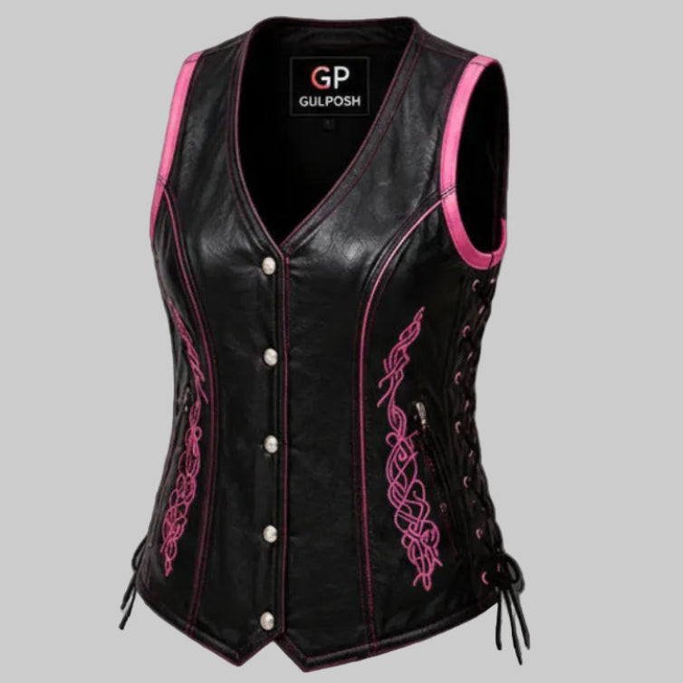 Gulposh Women's Embroidered Pink-Accent Leather Biker Vest