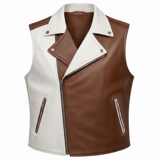 Men's Two-Tone Colorblock Leather Biker Vest