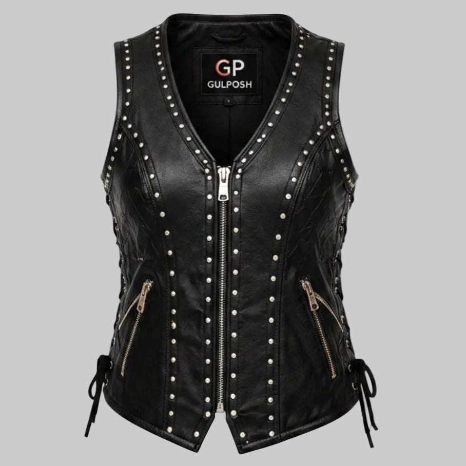 Gulposh Women's Multi-Row Studded Leather Biker Vest